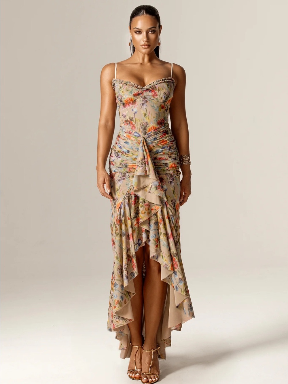 Alia Beige Floral Ruched Strapless Maxi Dress